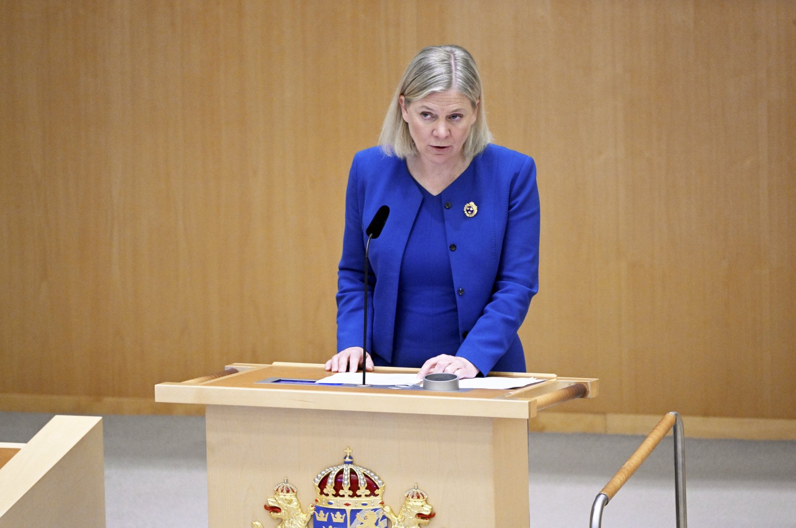 Swedish Prime Minister Magdalena Andersson speaks during the parliamentary debate on the Swedish application for NATO membership, Stockholm, Sweden, May 16, 2022. (AP Photo)