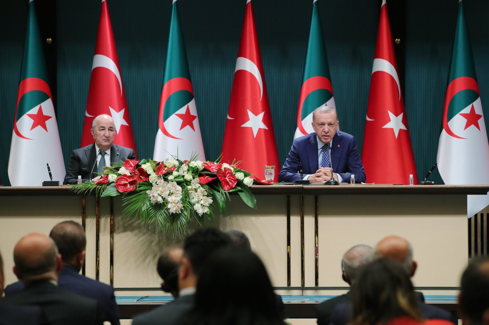 President Recep Tayyip Erdoğan (R) speaks during a news conference with his Algerian counterpart Abdelmadjid Tebboune in the capital Ankara, Turkey, May 16, 2022. (IHA Photo)
