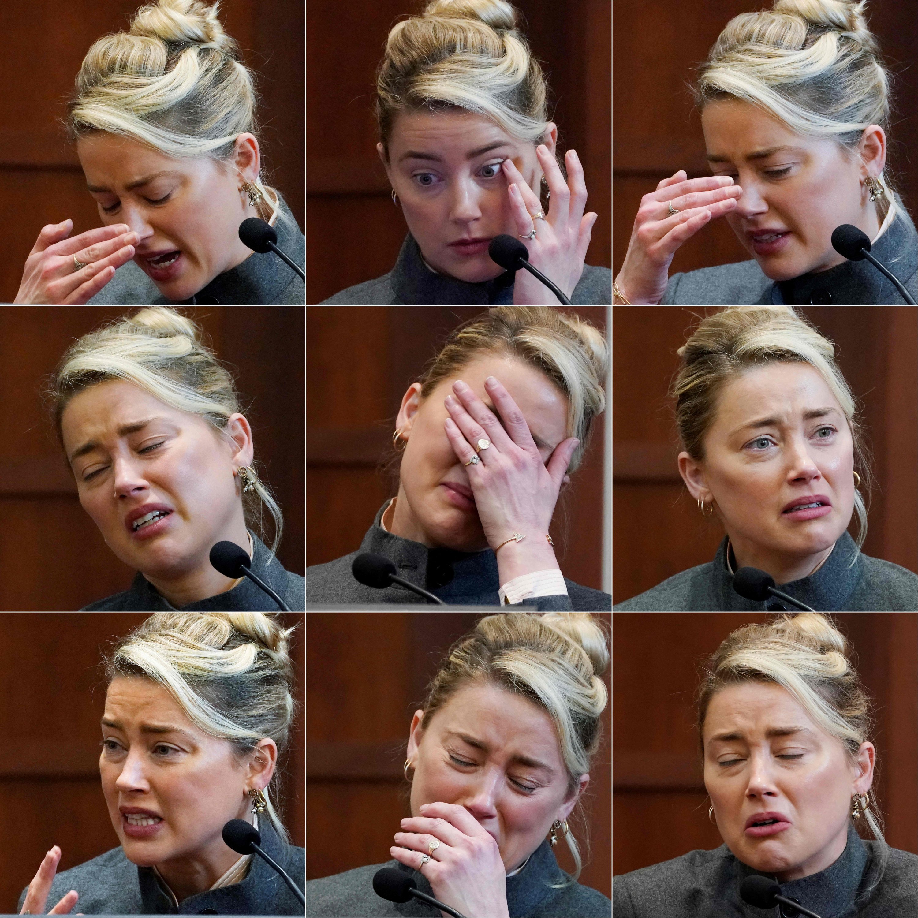 Kombinasi gambar yang dibuat pada 16 Mei 2022 ini menunjukkan aktor AS Amber Heard saat dia bersaksi di ruang sidang di Fairfax County Circuit Courthouse di Fairfax, Virginia, AS (AFP Photo)