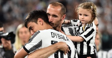 Juventus' Giorgio Chiellini and Paulo Dybala react after a Serie A match against Lazio, Turin, Italy, May 16, 2022. (Reuters Photo)