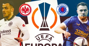 This illustration shows Eintracht Frankfurt's Filip Kostic (L) and Rangers' Aaron Ramsey. (Illustration by Büşra Öztürk)