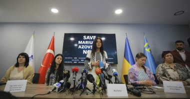 Ruslana (C), a Ukrainian singer and former Eurovision song contest winner, speaks during a news conference in Istanbul, Turkey, May 16, 2022. (AP Photo)