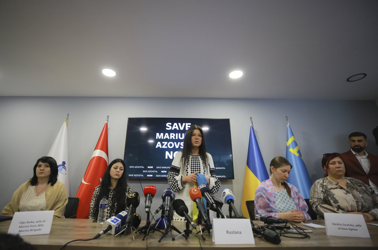 Ruslana (C), a Ukrainian singer and former Eurovision song contest winner, speaks during a news conference in Istanbul, Turkey, May 16, 2022. (AP Photo)
