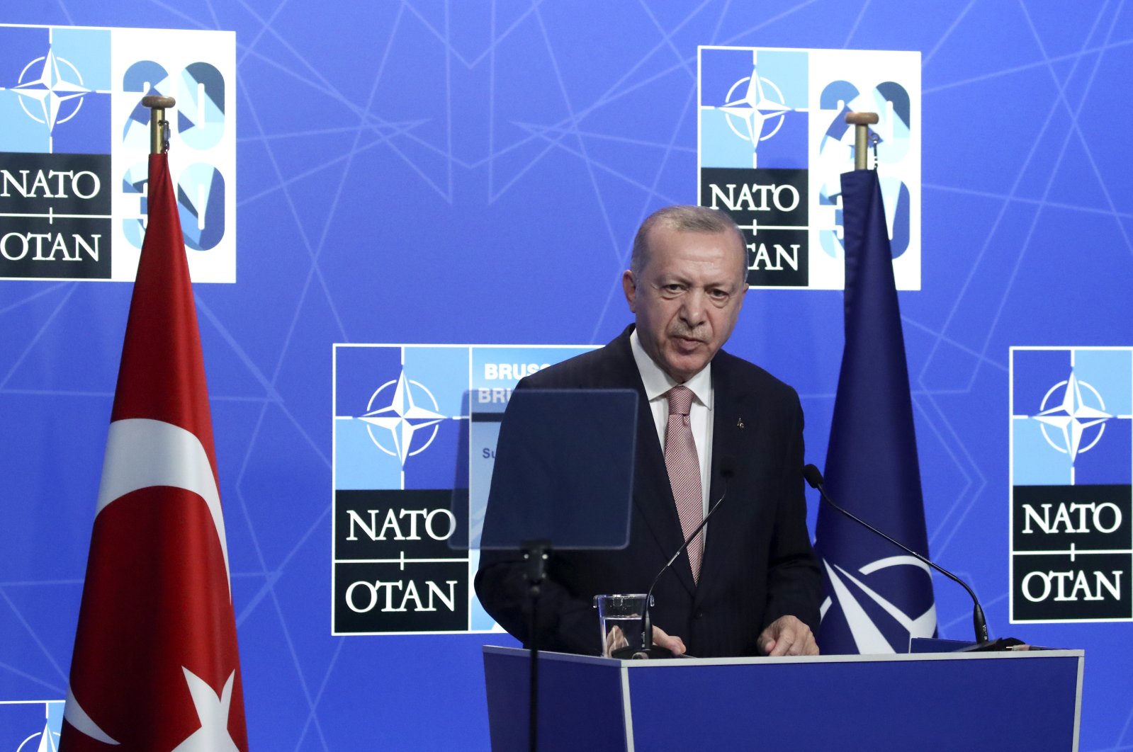 President Recep Tayyip Erdoğan speaks during a media conference at a NATO summit in Brussels, Belgium, June 14, 2021. (AP Photo)
