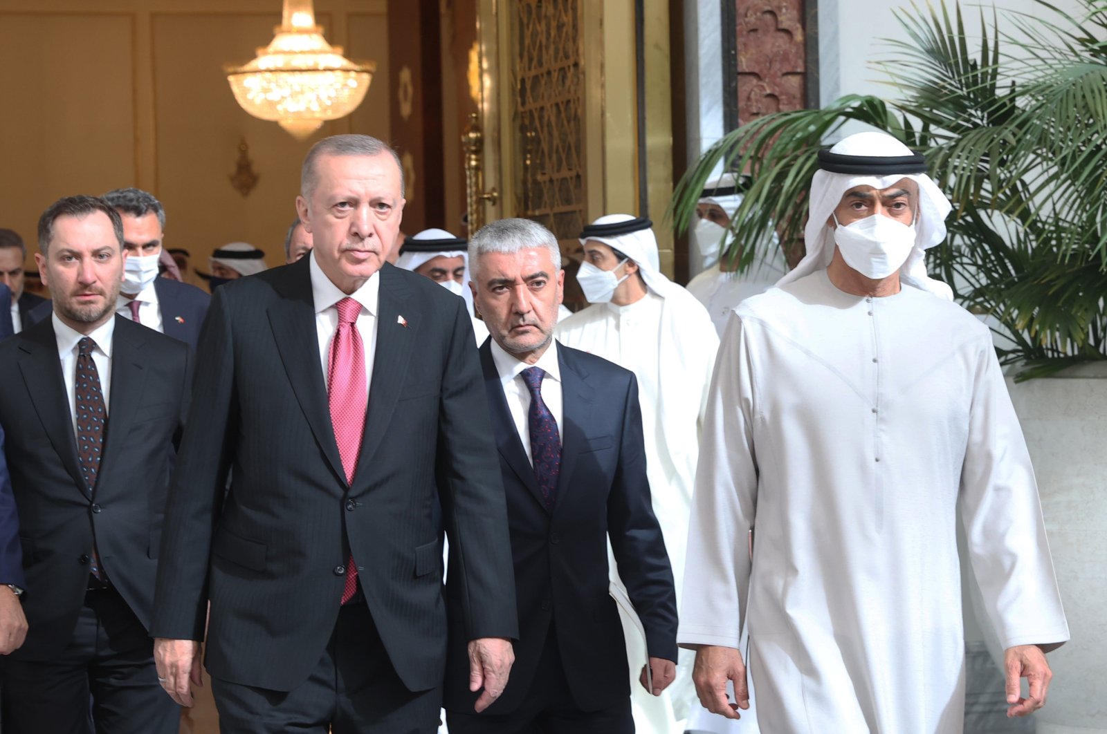 President Recep Tayyip Erdoğan is received by Sheikh Mohammed bin Zayed Al Nahyan (MBZ) in Abu Dhabi, UAE, May 17, 2022. (AA)