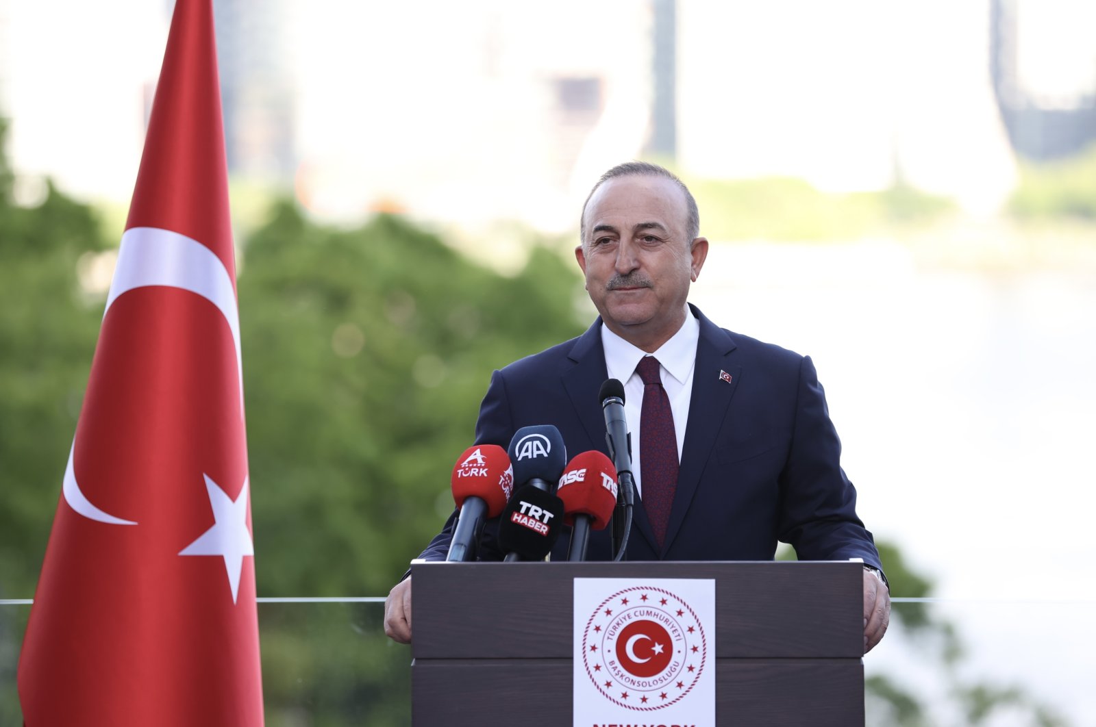 Foreign Minister Mevlüt Çavuşoğlu speaks at the Türkevi in New York City, Tuesday, May 17, 2022. (AA Photo)