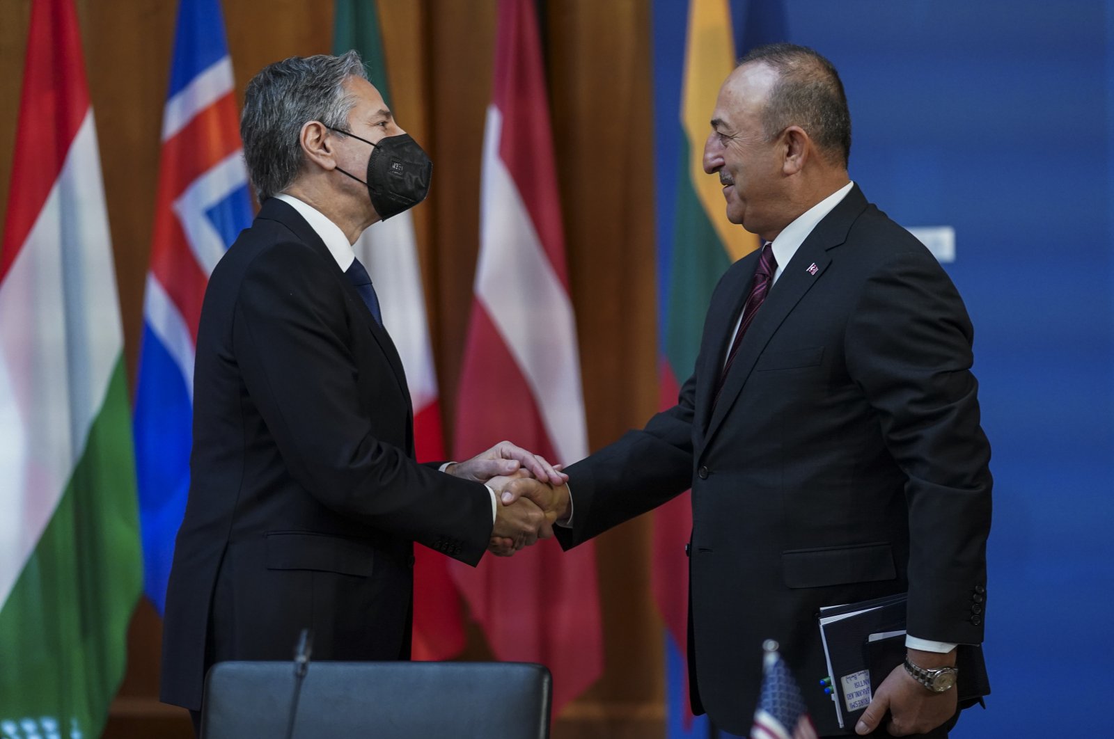 U.S. Secretary of State Antony Blinken and Turkish Foreign Minister Mevlüt Çavuşoğlu meet at the Informal Meeting of NATO Ministers of Foreign Affair in Berlin, Germany, May 15, 2022. (AP)