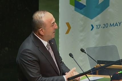 Foreign Minister Mevlüt Çavuşoğlu speaks at the first-ever International Migration Review at the United Nations General Assembly, New York, May 19, 2022. (DHA)