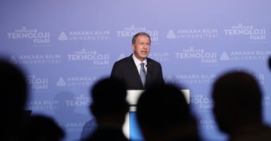 Defense Minister Hulusi Akar speaks at the 4th Efficiency and Technology Fair held by Turkey's Ankara Science University at ATO Congresium in the capital Ankara, Wednesday, May 18, 2022. (DHA Photo)