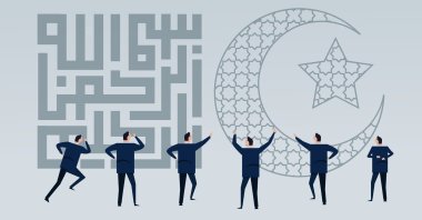 The illustration shows the artistically written basmala (L), an Islamic phrase meaning “in the name of God, the Most Gracious, the Most Merciful,” and the crescent and star symbol commonly used in the religion. (Photo by Shutterstock)