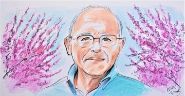 Illustration by Erhan Yalvaç of Ahmet Haluk Dursun with Judas trees in the background.