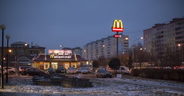 A McDonald's restaurant is seen in the center of Dmitrov, a Russian town 75 kilometers (47 miles) north of Moscow, Russia, Dec. 6, 2014. (AP Photo)