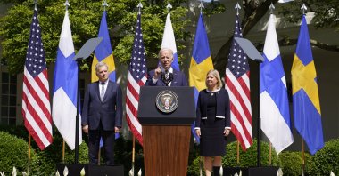 President Joe Biden accompanied by Swedish Prime Minister Magdalena Andersson and Finnish President Sauli Niinisto, speaks in the Rose Garden of the White House in Washington, Thursday, May 19, 2022. (AP Photo/Andrew Harnik)