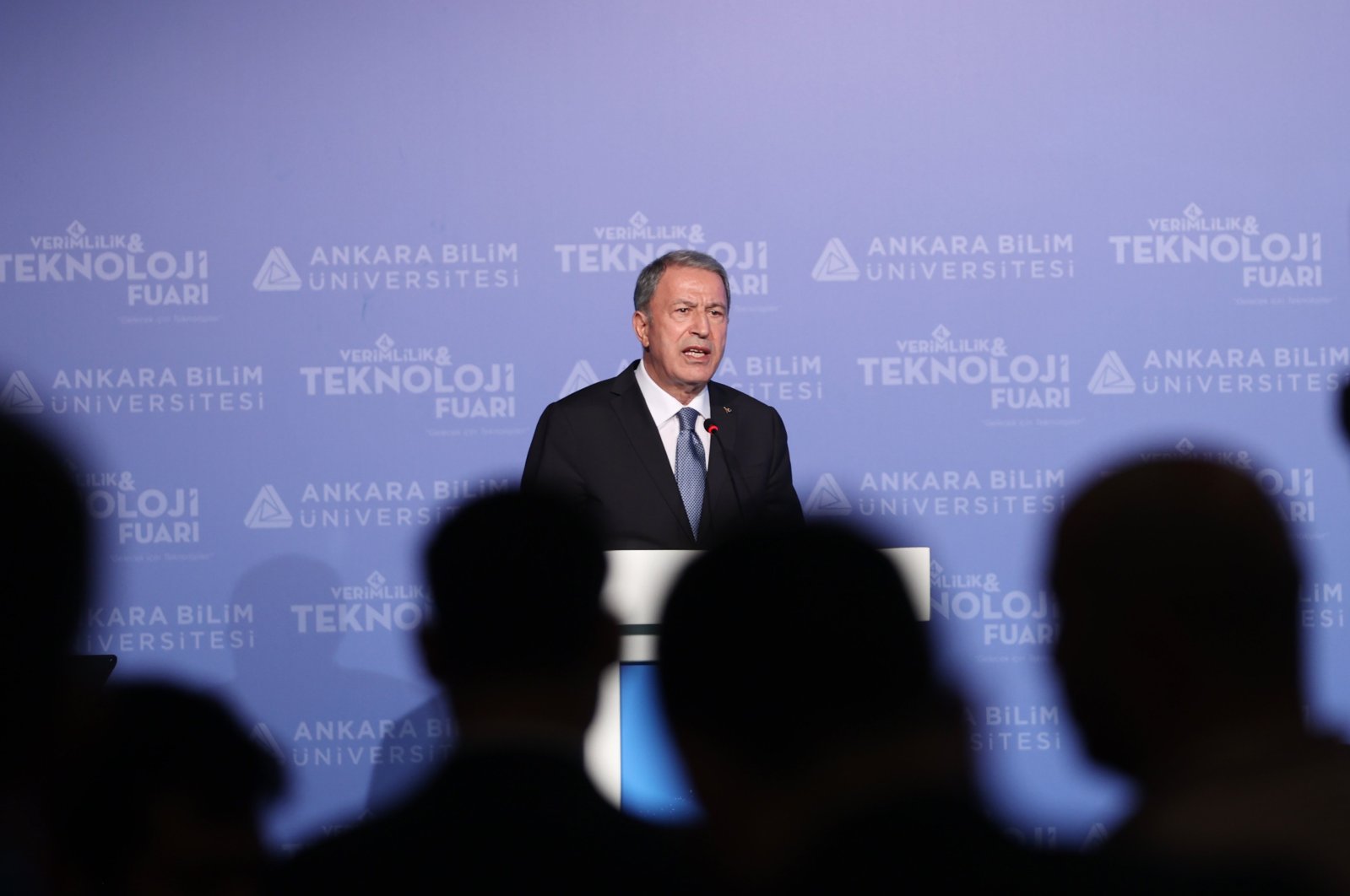 Defense Minister Hulusi Akar speaks at the 4th Efficiency and Technology Fair held by Turkey&#039;s Ankara Science University at ATO Congresium in the capital Ankara, Wednesday, May 18, 2022. (DHA Photo)