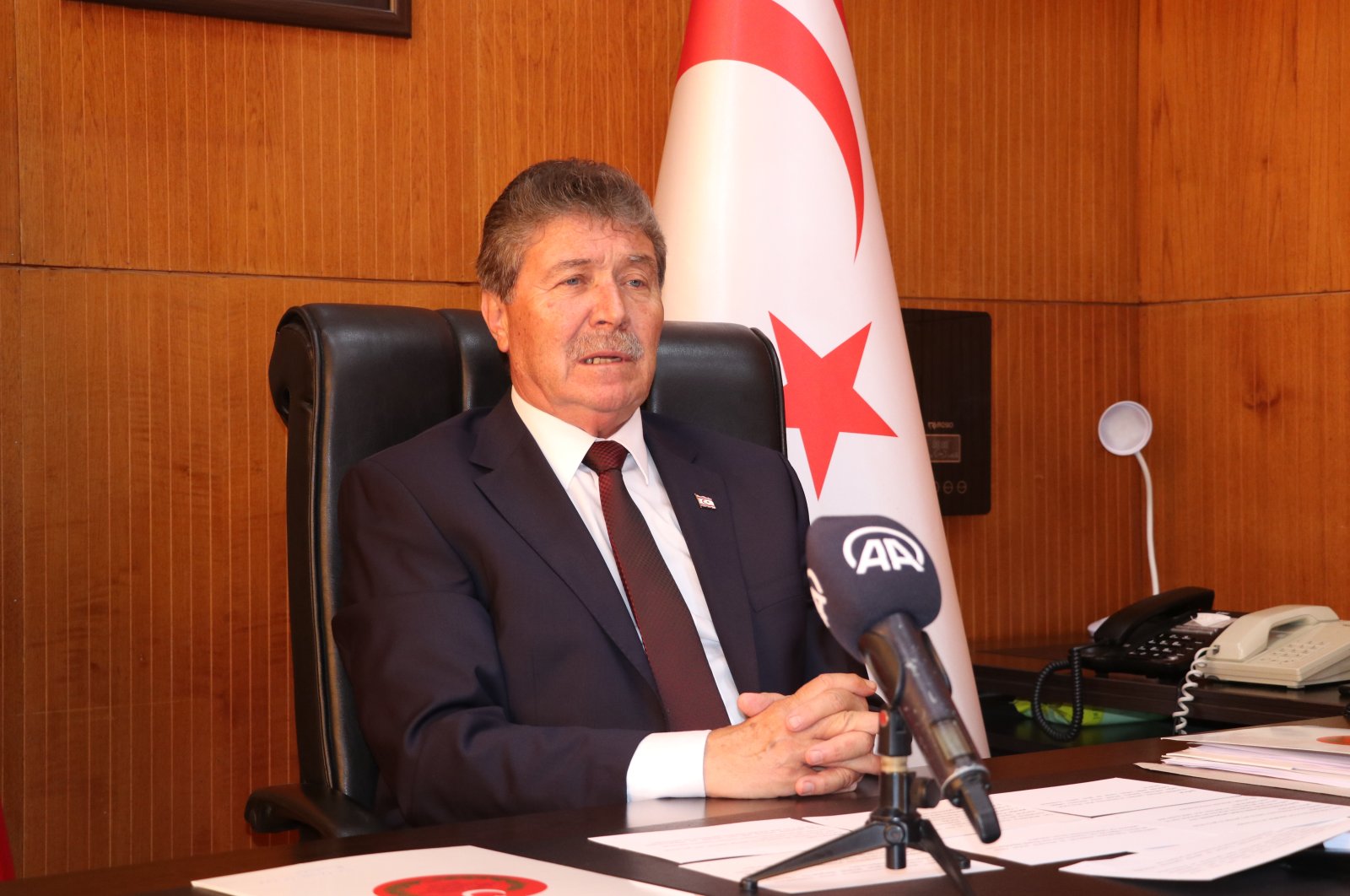 The new TRNC Prime Minister Ünal Üstel speaks to Anadolu Agency in Lefkoşa, TRNC, Wednesday, May 18, 2022. (AA Photo)