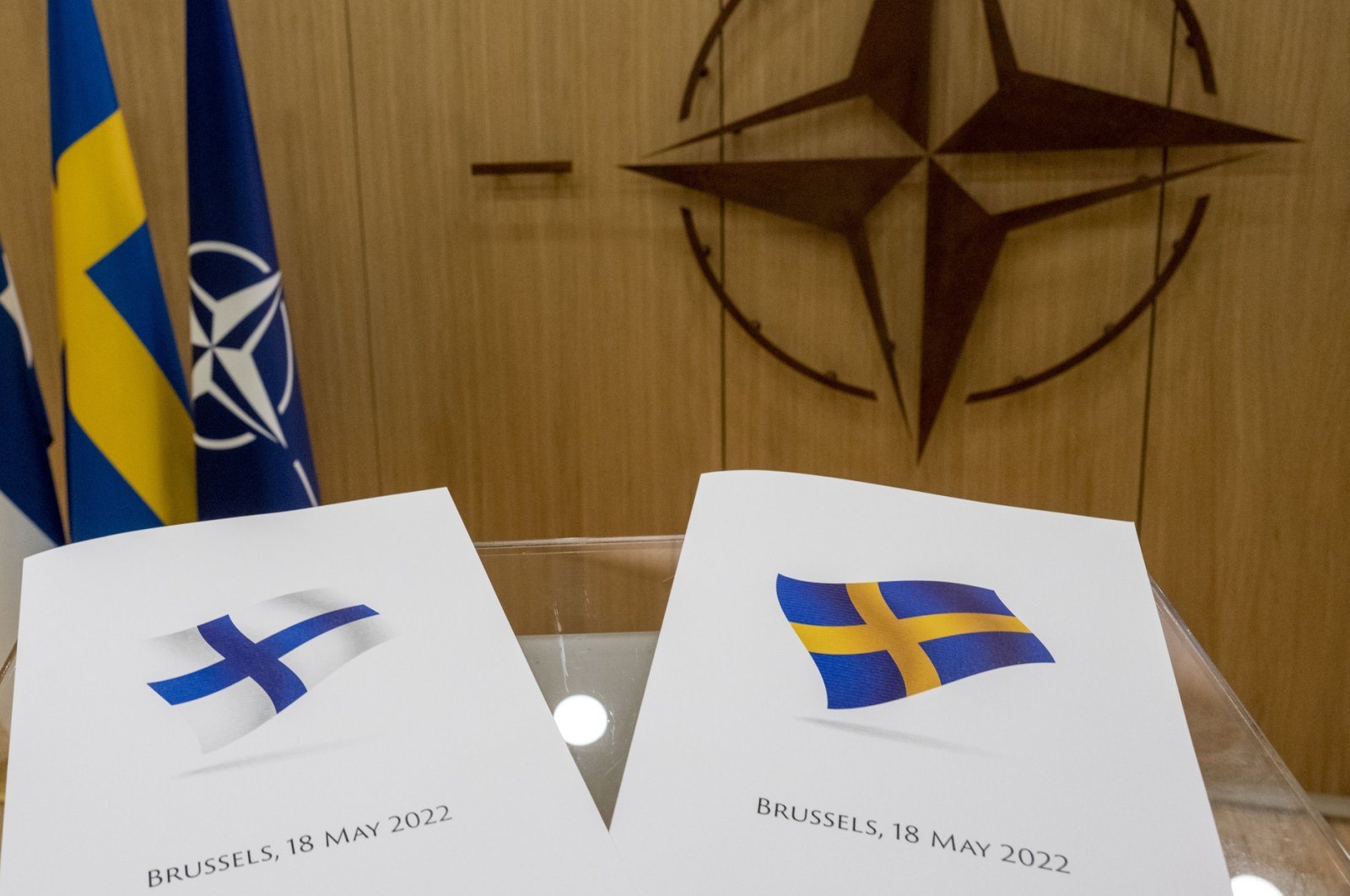 Finland and Sweden&#039;s official letters for NATO membership are seen prior to NATO Secretary-General Jens Stoltenberg&#039;s press meeting, in Brussels, Belgium, May 18, 2022. (AA Photo)