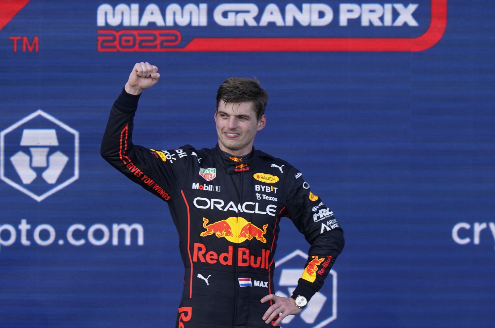 Red Bull driver Max Verstappen celebrates winning the F1 Miami Grand Prix, Miami, Florida, U.S., May 8, 2022. (AP Photo)