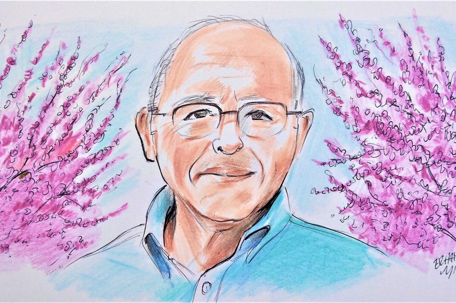 Illustration by Erhan Yalvaç of Ahmet Haluk Dursun with Judas trees in the background.