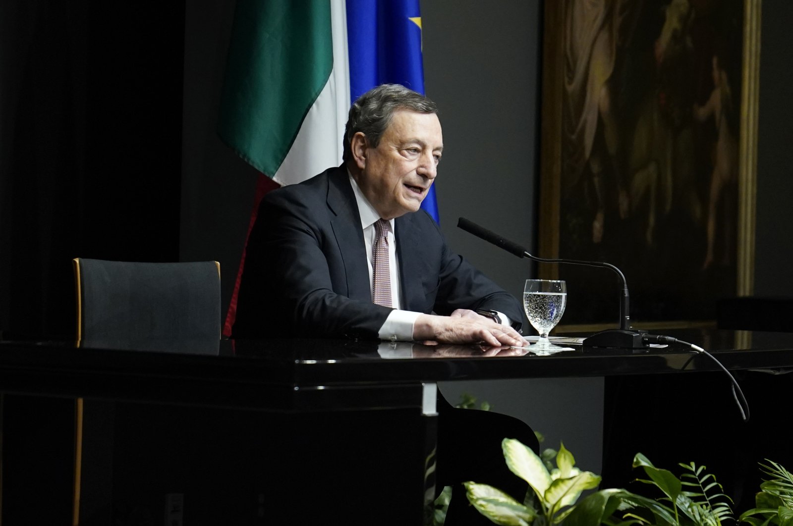 Italy&#039;s Prime Minister Mario Draghi speaks during a press conference at the Italian Embassy, Washington, D.C., U.S., May 11, 2022. (AP Photo)
