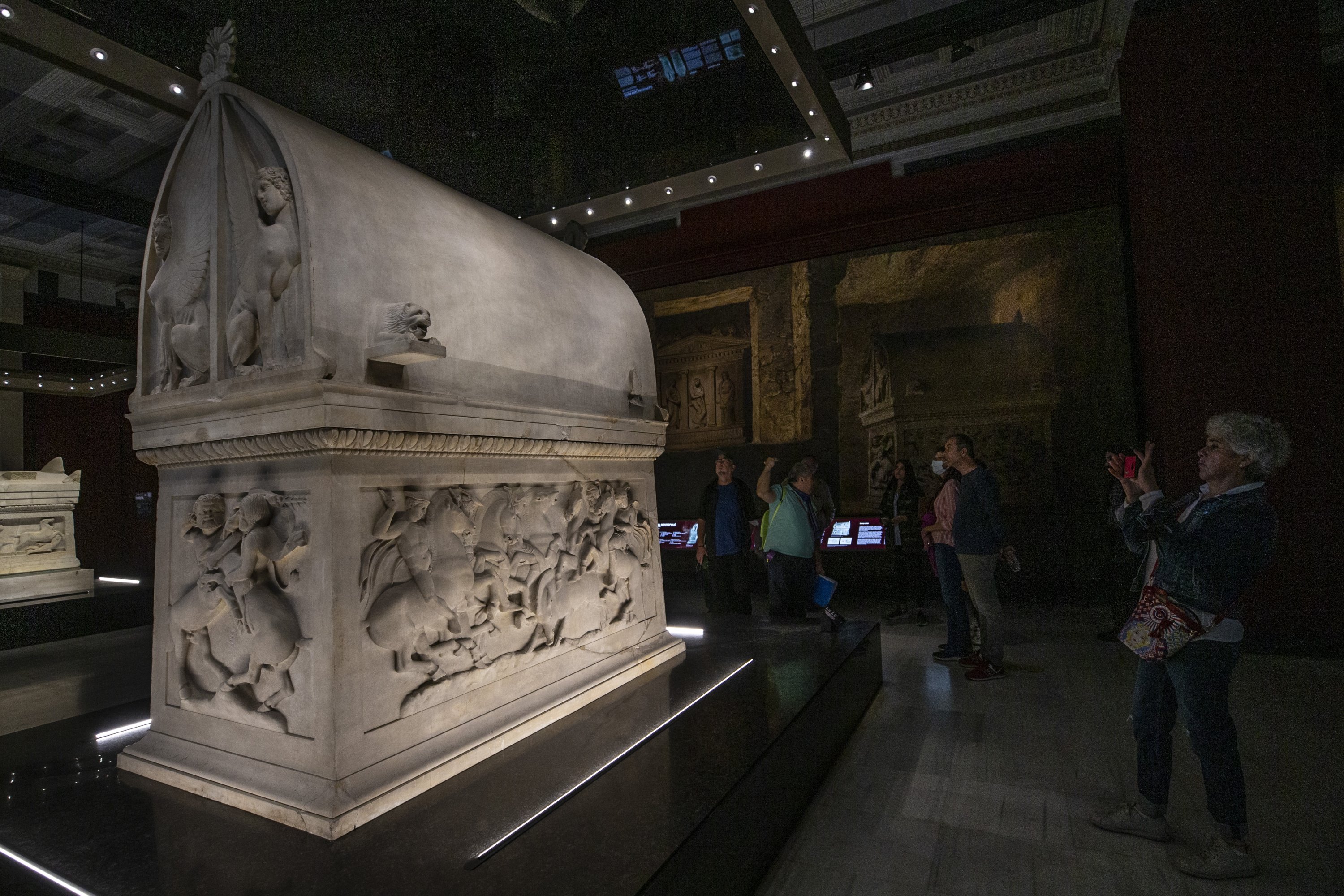 Visitors examine the Lycian Sarcophagus on display at the Istanbul Archeology Museums, Istanbul, Turkey, May 18, 2022. (AA Photo)