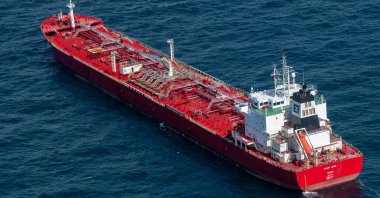 An aerial view shows the Sunny Liger, a Marshall Islands-flagged tanker with a consignment of Russian diesel, anchored in the North Sea, near IJmuiden, Netherlands, April 30, 2022. (AFP Photo)