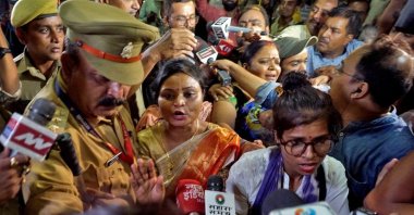 Rakhi Singh, Sita Sahu and Laxmi Devi, three of the five petitioners who filed a plea to pray every day before the idol of a goddess and relics inside the Gyanvapi mosque, speak with the media after they leave the mosque in Varanasi, India, May 14, 2022. (Reuters Photo)