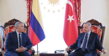 A handout photo made available by the Turkish President&#039;s Press Office shows President Recep Tayyip Erdoğan (R) speaking with the President of Colombia Ivan Duque Marquez (L) before their meeting in Istanbul, Turkey, May 20, 2022. (EPA Photo)