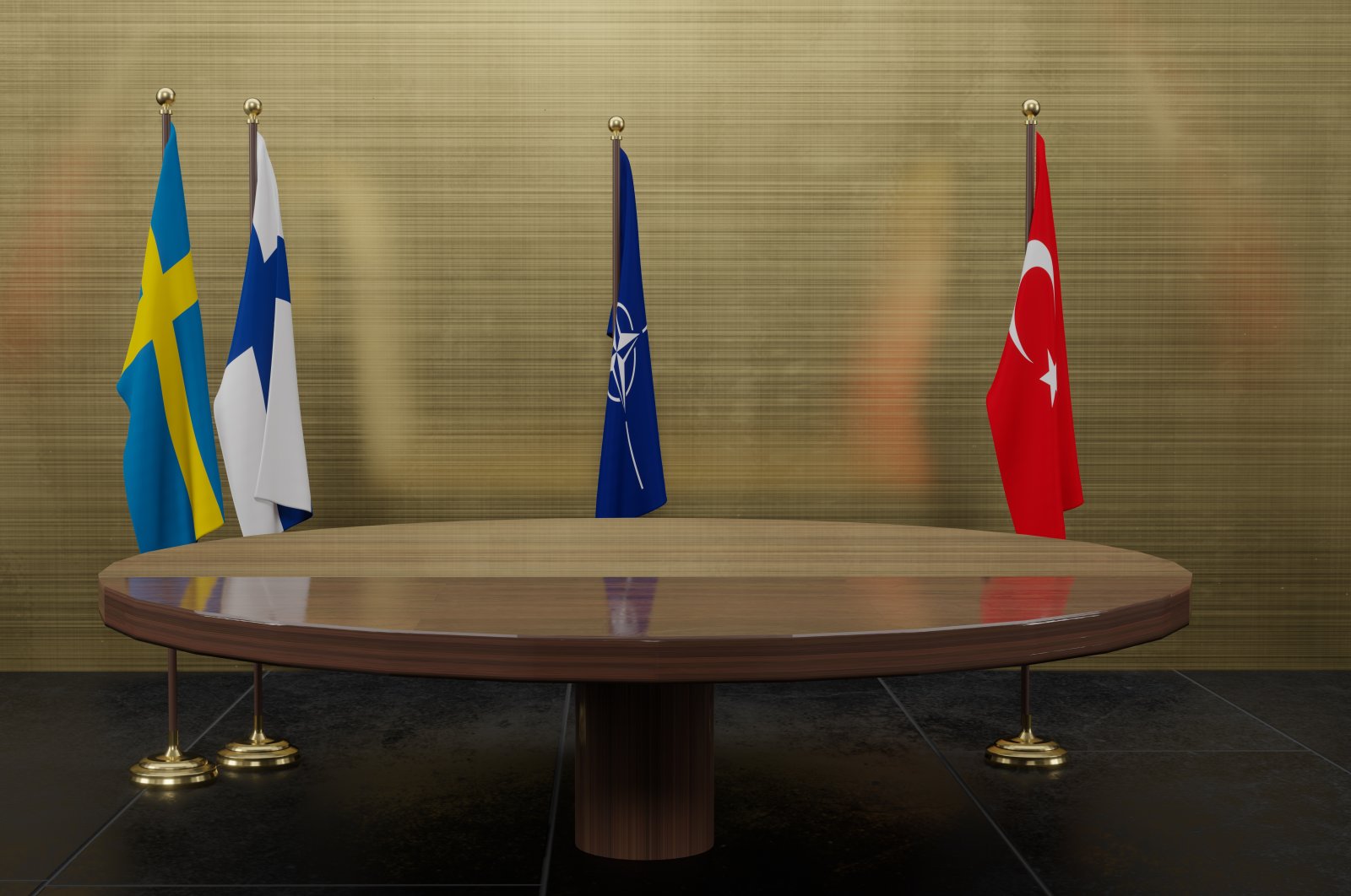 A 3D illustration of the flags of (L-R) Sweden, Finland, NATO and Turkey. (Photo by Shutterstock)