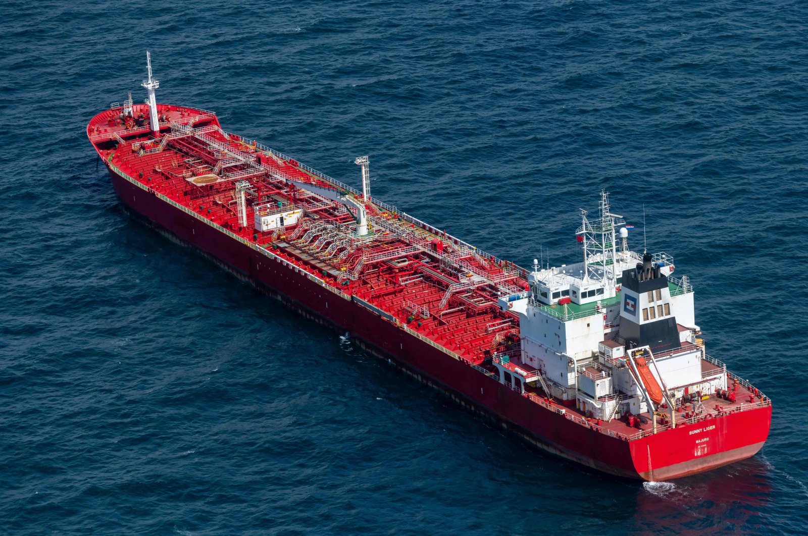 An aerial view shows the Sunny Liger, a Marshall Islands-flagged tanker with a consignment of Russian diesel, anchored in the North Sea, near IJmuiden, Netherlands, April 30, 2022. (AFP Photo)