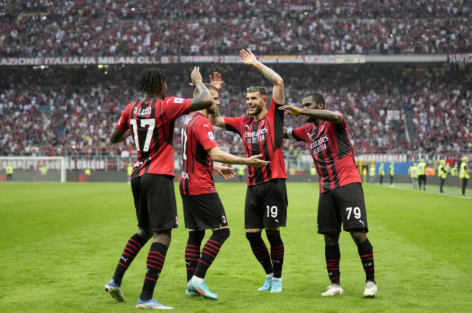 AC Milan&#039;s Rafael Leao, Ante Rebic, Theo Hernandez and Franck Kessie, from left to right, celebrate at the end of a match against Atalanta, Milan, Italy, May 15, 2022. (AP PHOTO)