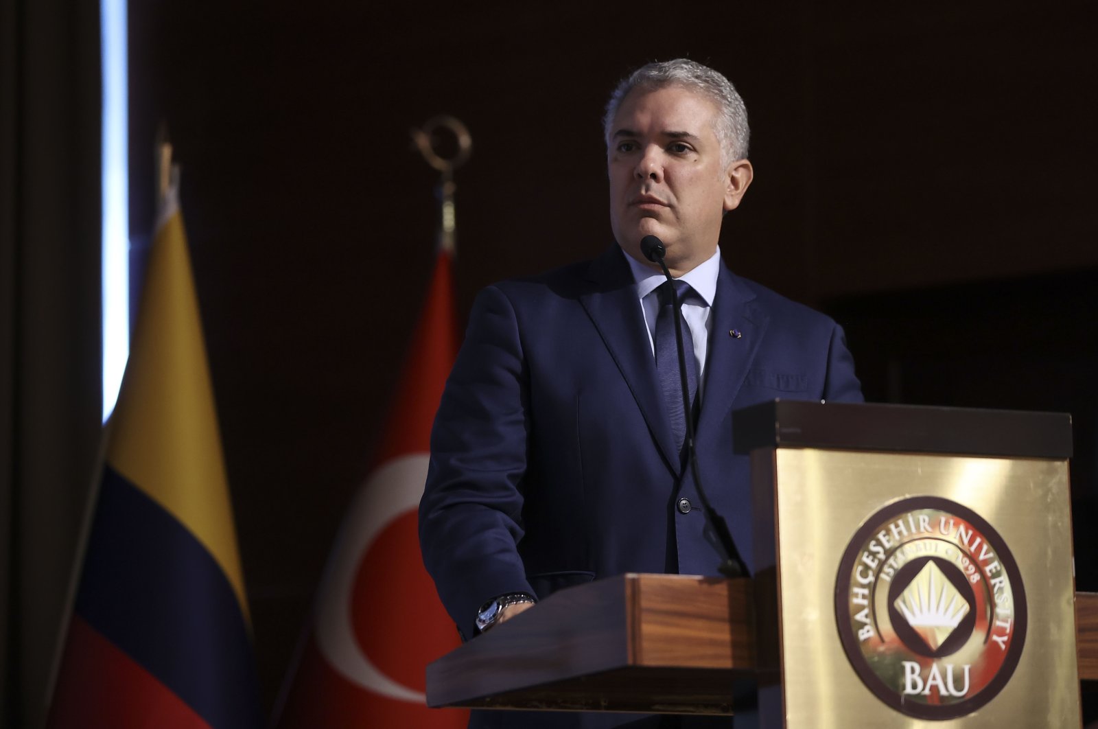 Colombia&#039;s President Ivan Duque speaks at Bahçeşehir University in Istanbul, Turkey, May 20, 2022. (AA)