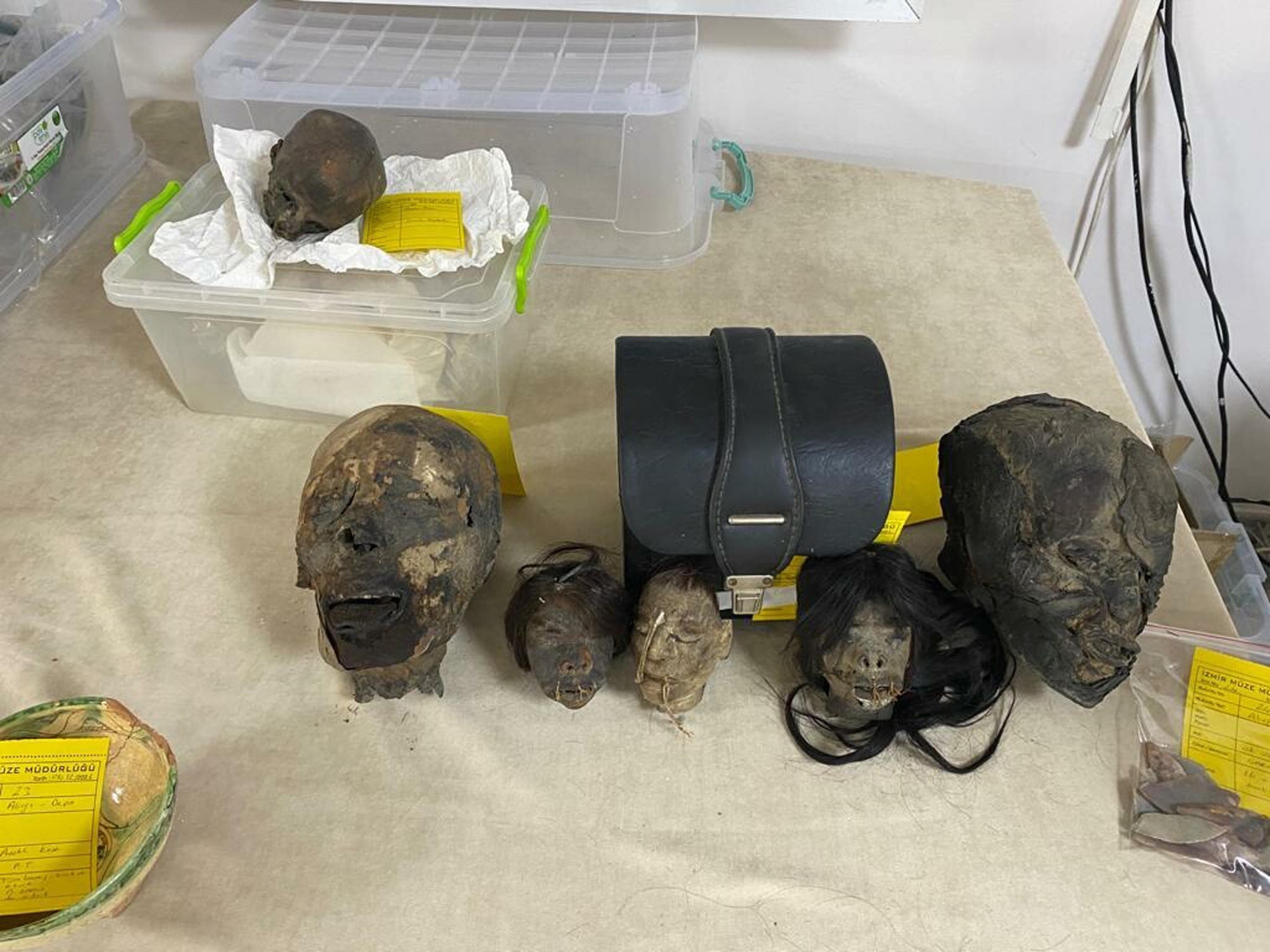 Several 'tsantas', or 'shrunken' heads, believed to have originated in Peru and confiscated by authorities in December 2021 are cataloged at a police station in Izmir, Turkey, May 20, 2022. (AA Photo)