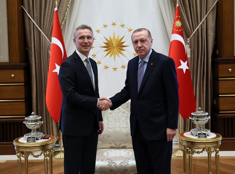 President Recep Tayyip Erdoğan shakes hands with Jens Stoltenberg at the Presidential Complex in Ankara, Turkey, April, 16, 2018. (AA File Photo)