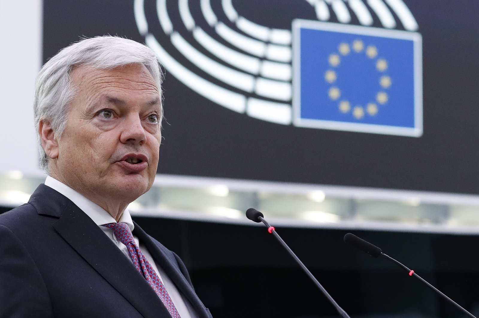 European Commissioner for Justice Didier Reynders delivers a speech on the ongoing hearings under Article 7(1) TEU regarding Poland and Hungary, at the European Parliament in Strasbourg, France, May 3, 2022. (EPA Photo)