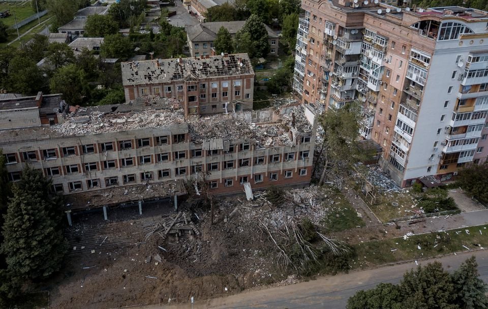 A destroyed building is seen after a rocket attack on a university campus, amid Russia&#039;s invasion, in Bakhmut, in the Donetsk region, Ukraine, May 21, 2022. (Reuters Photo)