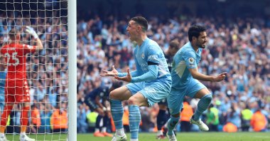 Manchester City's İlkay Gündoğan celebrates scoring their third goal against Aston Villa, Manchester, England, May 22, 2022. (Reuters Photo)