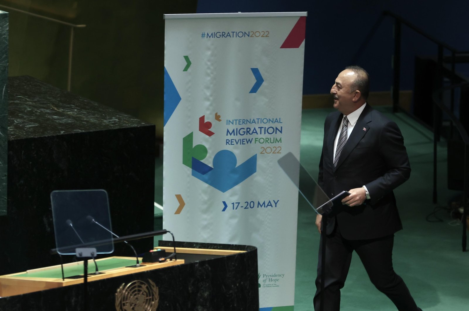 Foreign Minister Mevlüt Çavuşoğlu is seen during a United Nations forum on migration in New York, U.S., May 19, 2022. (AA Photo)