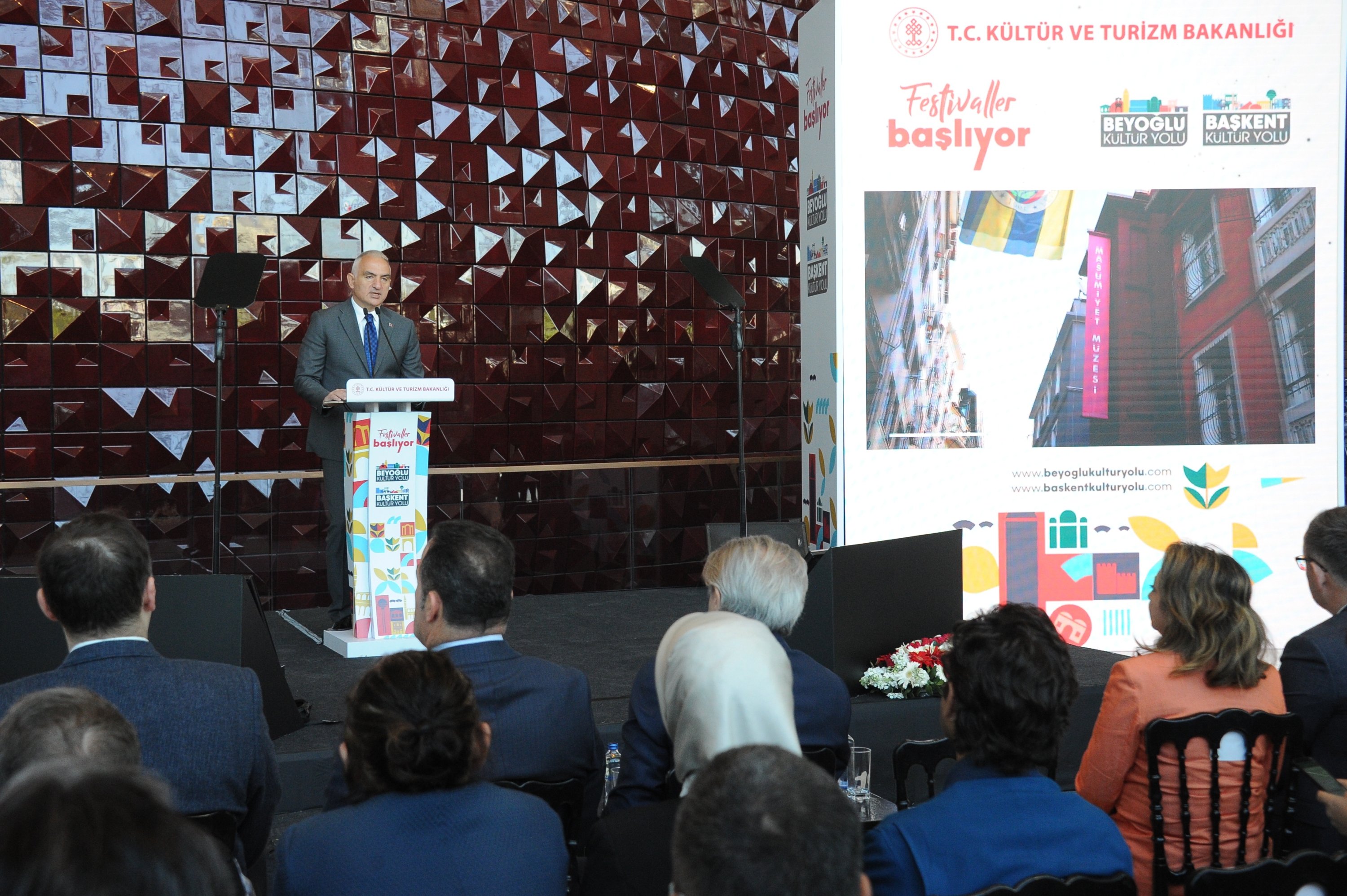 Minister of Culture and Tourism Mehmet Nuri Ersoy speaks at the introductory meeting of the Beyoğlu and Başkent Culture Road Festivals, AKM, Istanbul, May 12, 2022. 