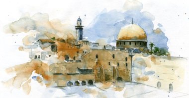 A watercolor painting of Jerusalem, the Israeli-occupied historic city that has a key role in the decadeslong Israeli-Palestinian conflict. (Photo by Shutterstock)