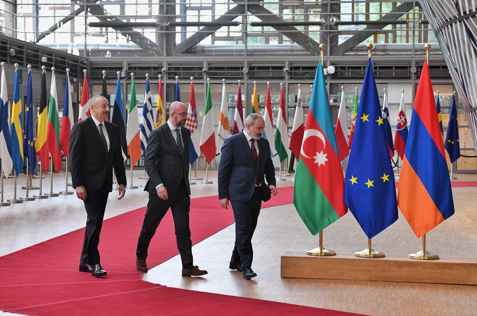 European Council Head Charles Michel is seen with Azerbaijani President Ilham Aliyev and Armenian Prime Minister Nikol Pashinyan in Brussels, Belgium, May 23, 2021 (AA Photo)
