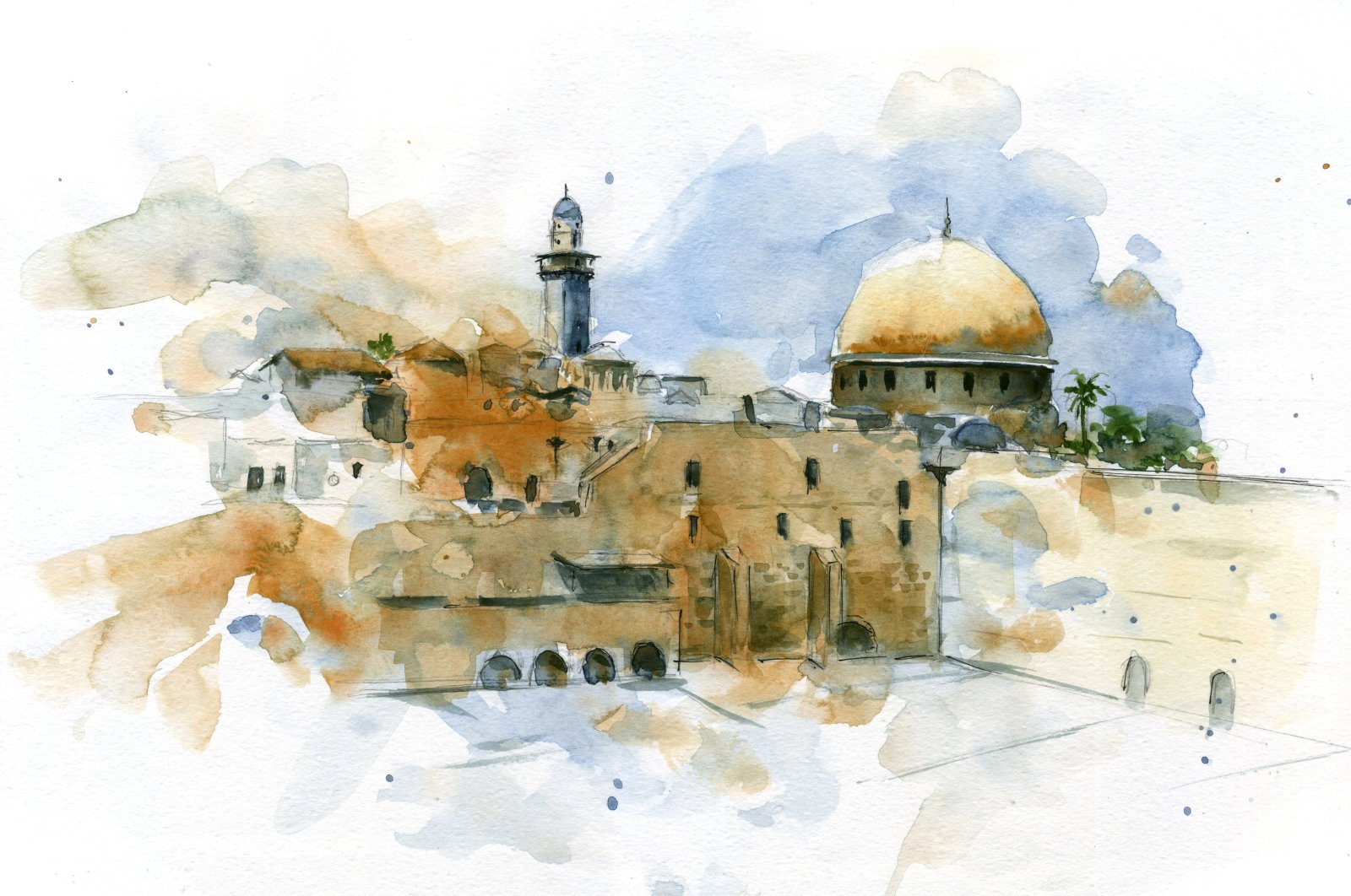 A watercolor painting of Jerusalem, the Israeli-occupied historic city that has a key role in the decadeslong Israeli-Palestinian conflict. (Photo by Shutterstock)