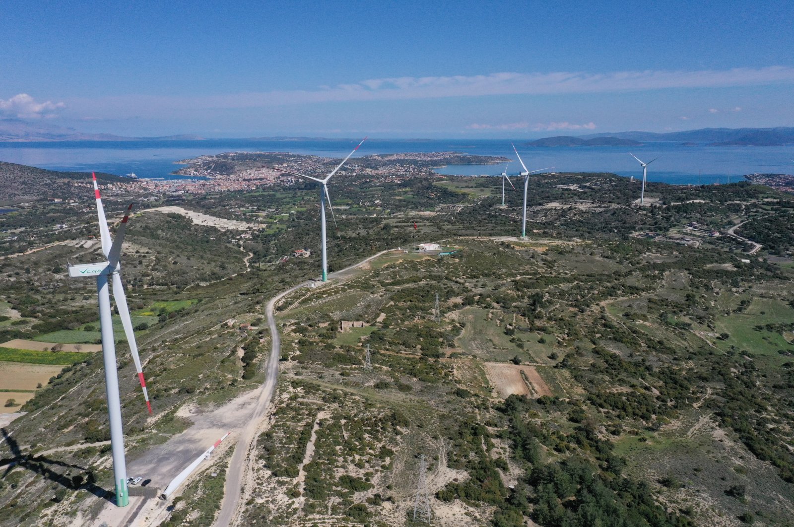 Wind turbines are seen in the Çeşme district of the Aegean province of Izmir, Turkey, April 20, 2022. (AA Photo)