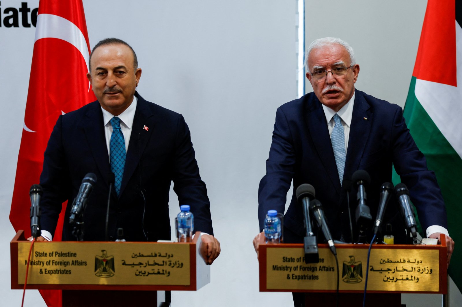 Foreign Minister Mevlüt Çavuşoğlu (L) and Palestinian Foreign Minister Riad al-Maliki attend a joint news conference, in Ramallah, in the Israeli-occupied West Bank, Palestine, May 24, 2022. (Reuters Photo)