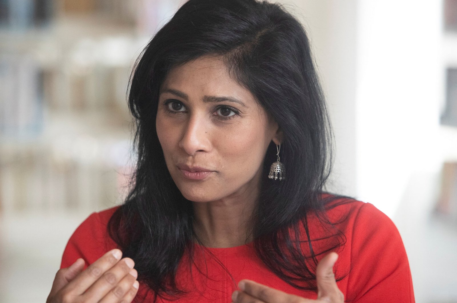 Economic Counsellor and Director of the Research Department at the International Monetary Fund (IMF) Gita Gopinath speaks during an interview with Reuters in the Alpine resort of Davos, Switzerland, May 23, 2022. (Reuters Photo)
