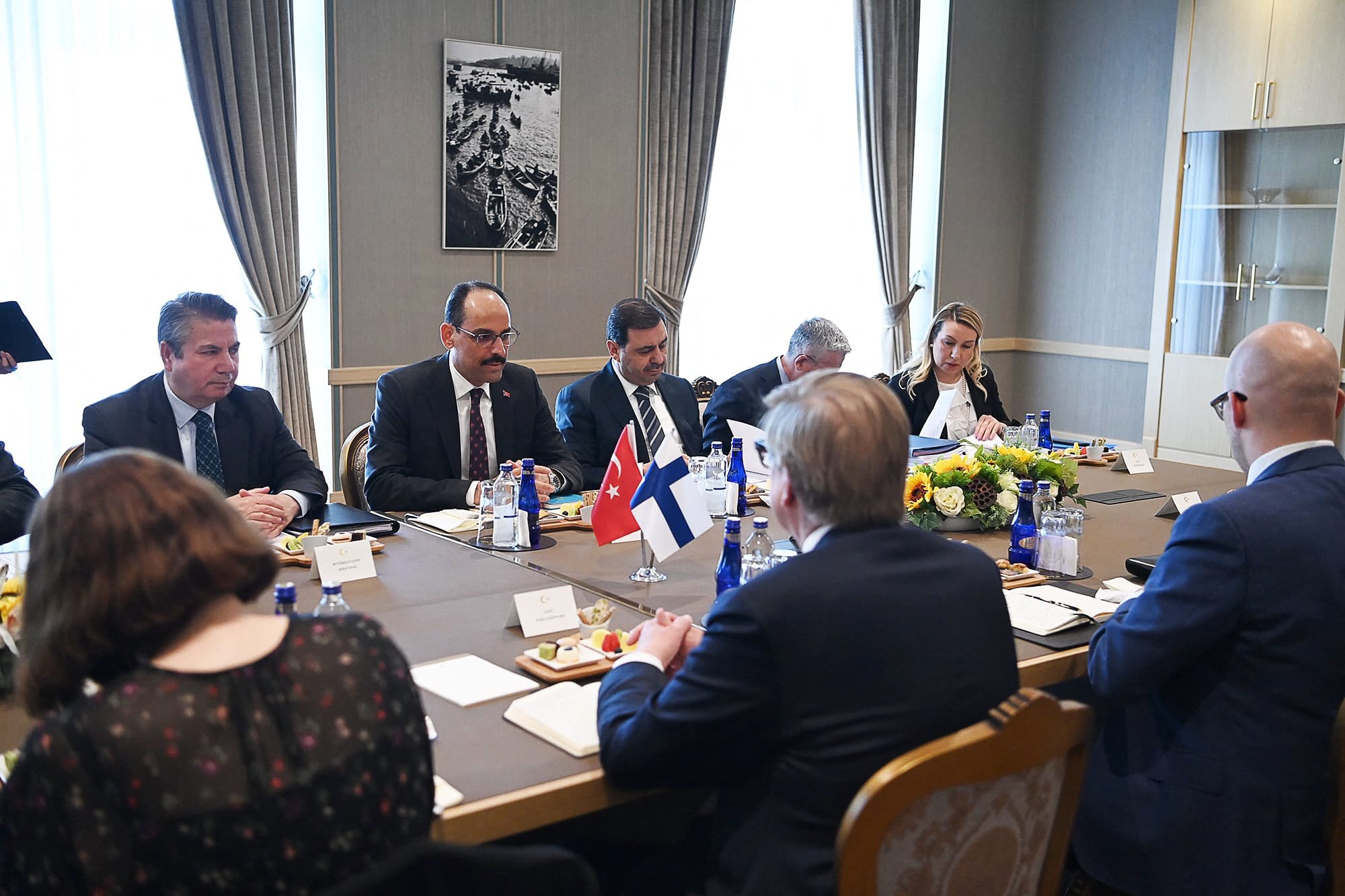 This handout photo taken and released by the Turkish presidential press service on May 25, 2022, shows Turkish Presidential spokesperson Ibrahim Kalin (2nd L) and Finnish State Secretary for foreign affairs Jukka Salovaara (3rd R) attending a meeting over Finland's bid to join NATO in Ankara, Turkey, May 25, 2022. (AFP Photo)