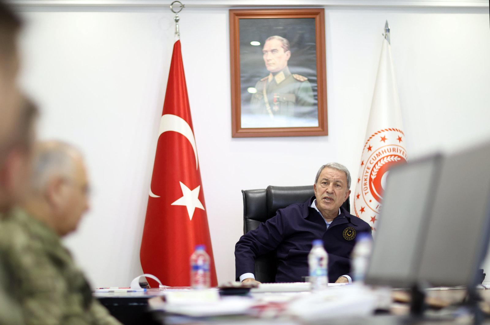 Defense Minister Hulusi Akar attends a meeting with military commanders in Çukurca, Hakkari, Turkey, Tuesday, May 24, 2022. (AA Photo)