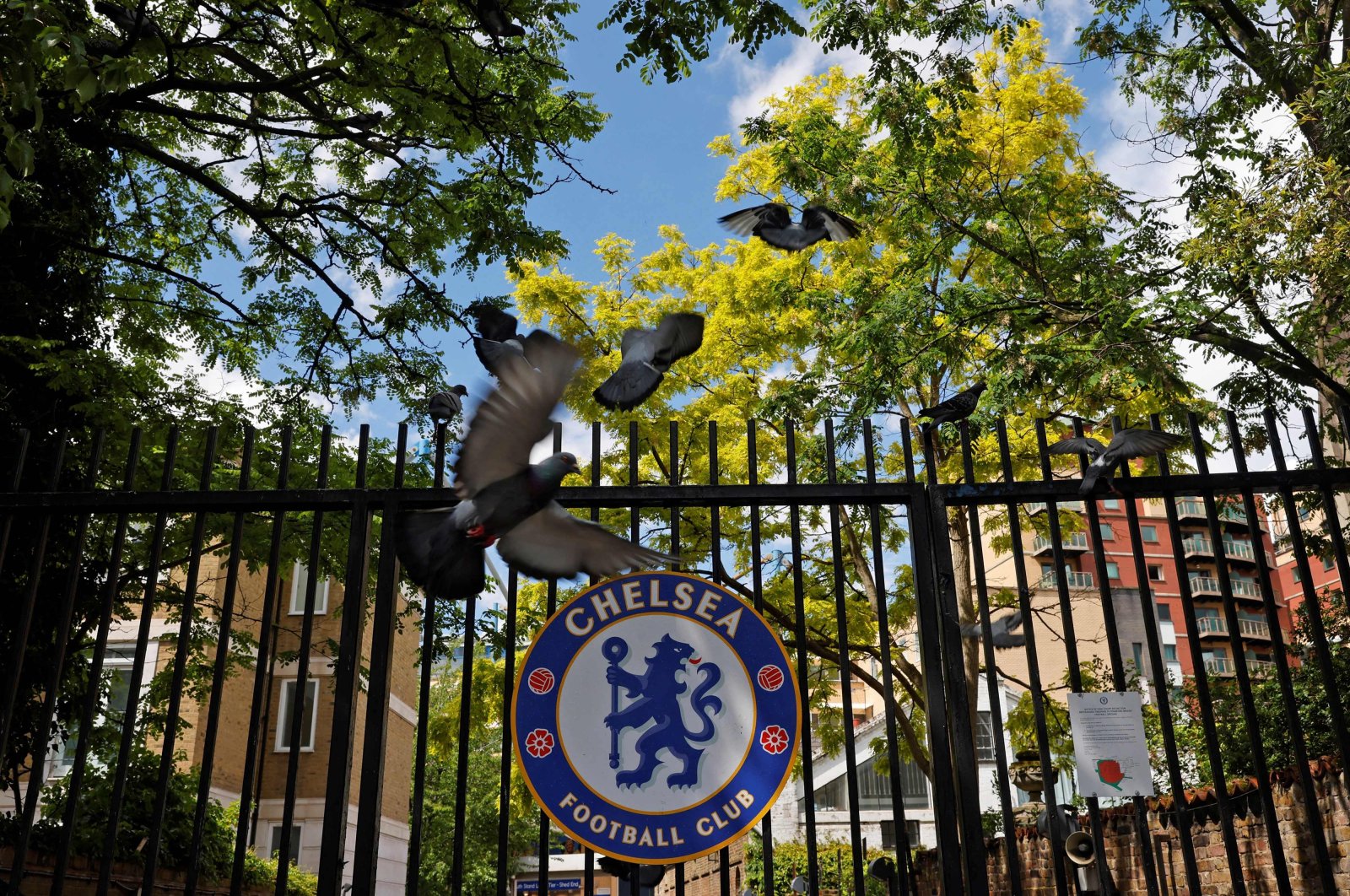 The Chelsea FC logo is seen outside the Stamford Bridge, London, England, May 24, 2022. (AFP Photo)