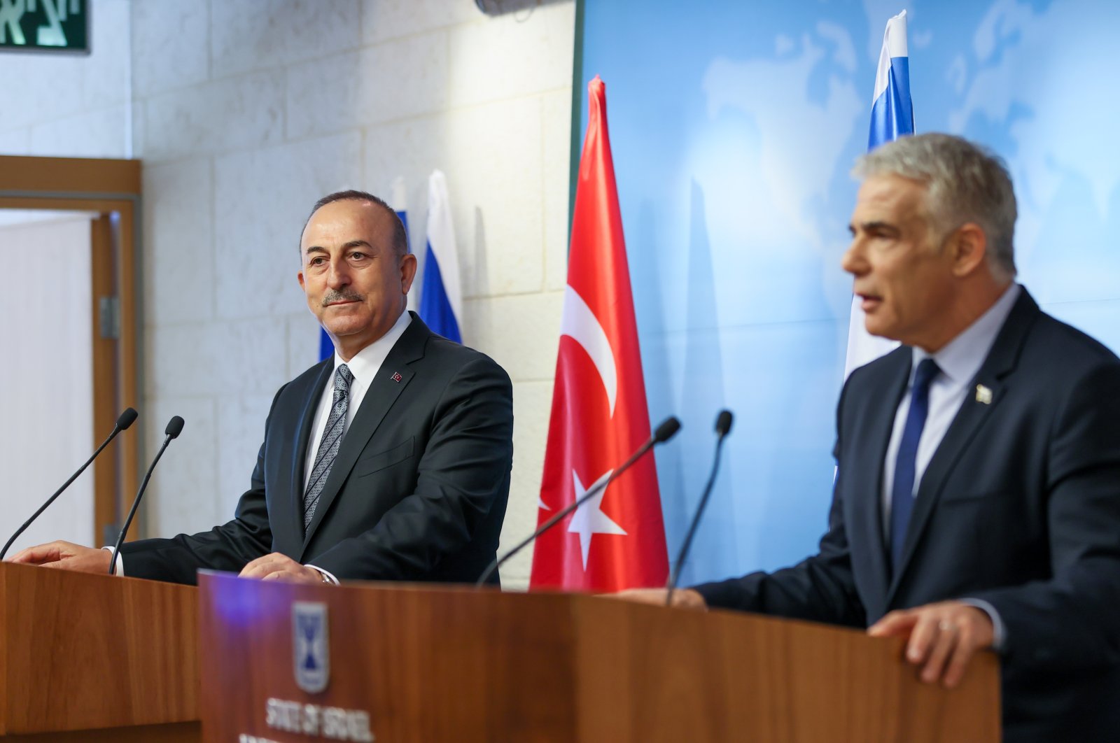 Foreign Minister Mevlüt Çavuşoğlu (L) speaks during a press conference with his Israeli counterpart Yair Lapid in Israel, May 25, 2022. (AA Photo)