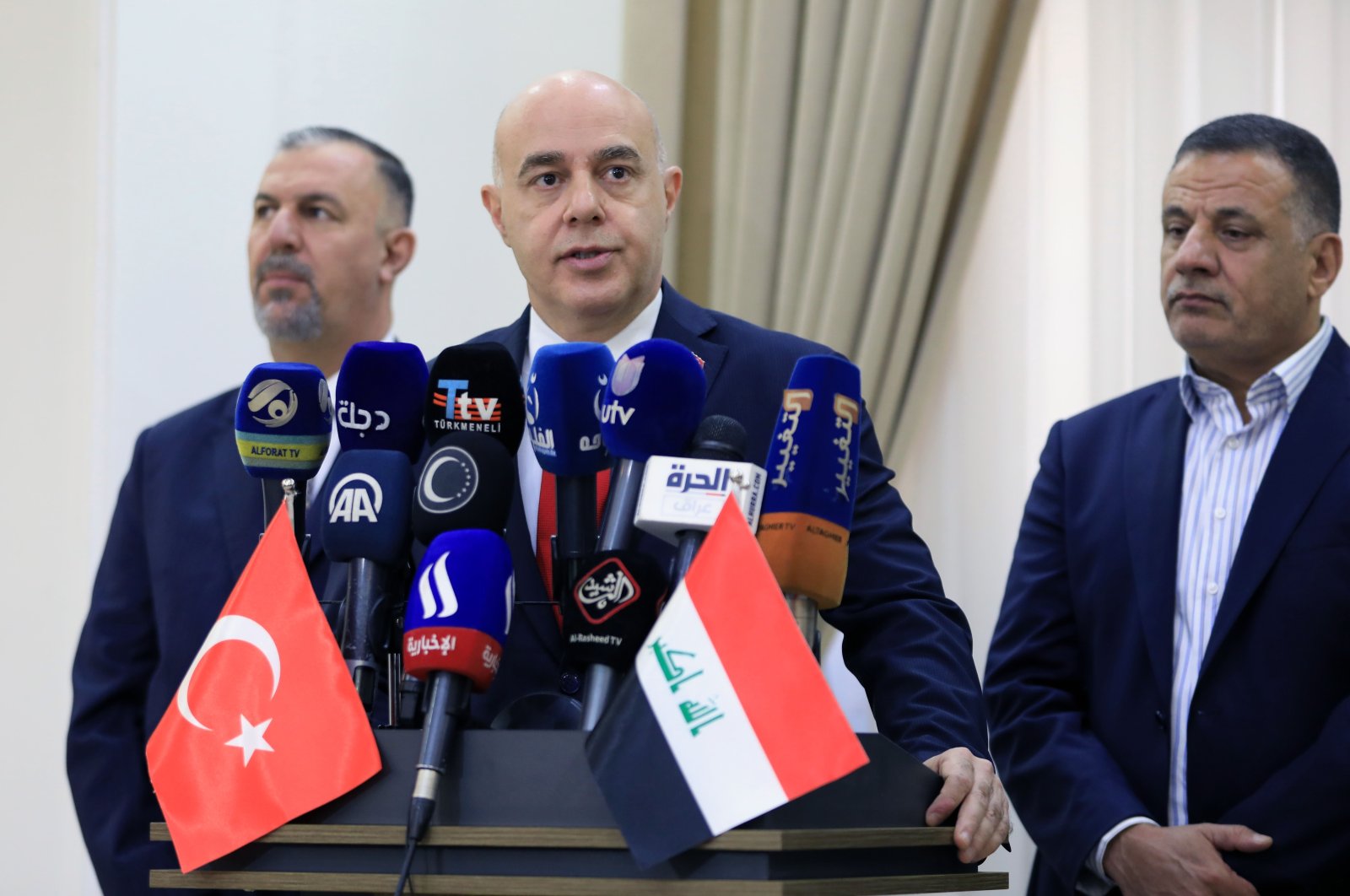 Turkey&#039;s ambassador to Iraq Ali Rıza Güney (C) speaks at a news conference in Diyala, Iraq, May 18, 2022. (AA File Photo)