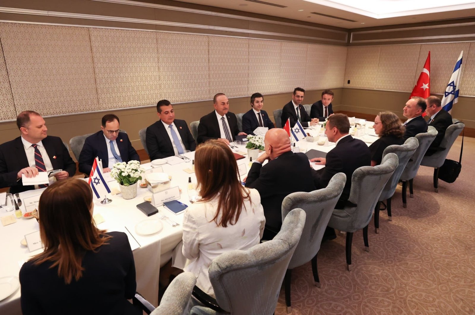 Foreign Minister Mevlüt Çavuşoğlu meets with Israel&#039;s Tourism Minister Yoel Razvozov and Regional Cooperation Minister Esawi Frej, in Jerusalem, May 25, 2022. (Twitter photo: @MevlutCavusoglu)